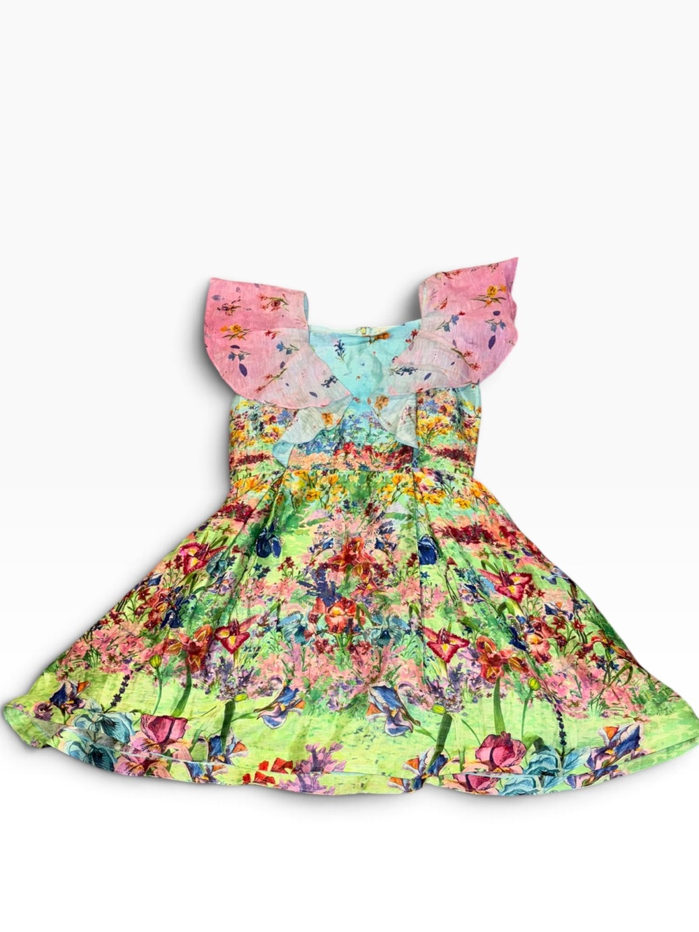 LA FUORI floral fit & flare colorful beaded flutter sleeve SILK mini dress large